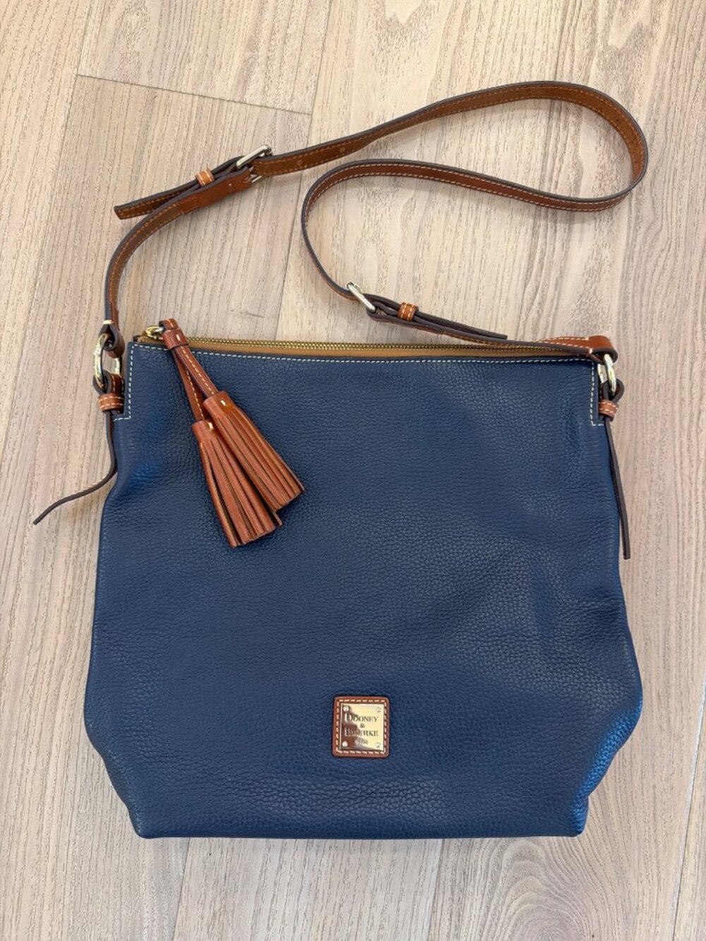 Dooney & Bourke Navy Sloan Hobo Bag Blue Pebbled Leather Crossbody Bag Tan Adjus